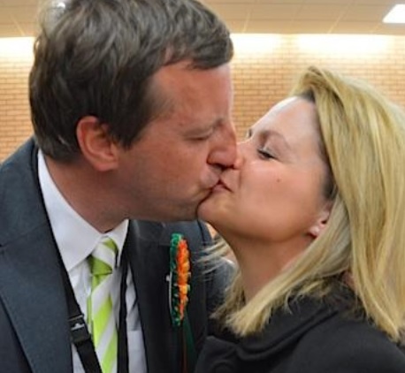 Sealed with a kiss: Jonathan Edwards (Plaid Cymru) celebrates his win
